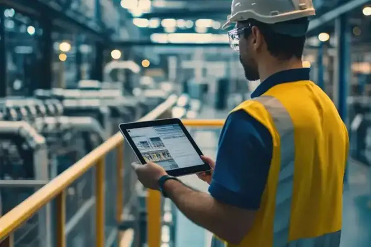 Worker using an iPad to monitor equipment and machinery.