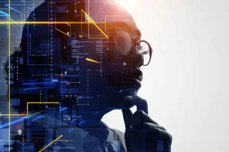 Woman wearing glasses with a digital overlay.