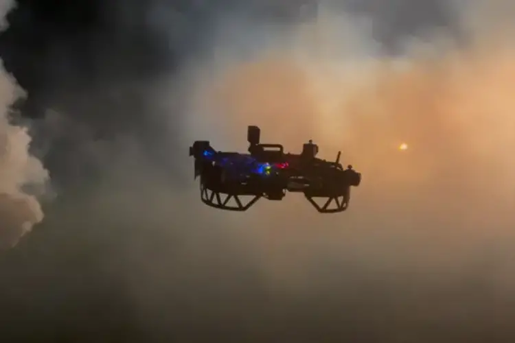 A drone flying through a wildfire.