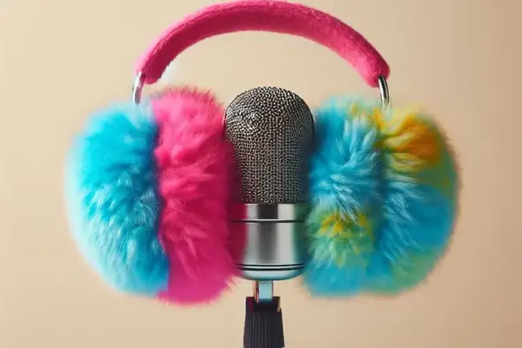 Microphone covered with fuzzy earmuffs.